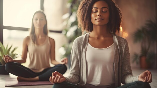 Grupo de diversas mujeres jóvenes y hermosas sentadas en posición de loto meditando durante una sesión en el estudio de yoga Niñas practicando ejercicios visualizando calmando el cerebro aumentando la conciencia y la atención