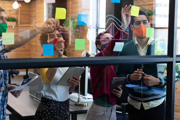 Grupo diversificado de colegas usando máscaras faciais fazendo brainstorming na parede de vidro do escritório. higiene no local de trabalho durante a pandemia de coronavírus covid 19.