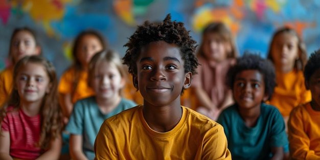 Grupo diversificado de crianças com um professor em uma sala de aula vibrante Conceito Diversidade na Educação Ambiente de Aprendizagem Vibrante Atividades na sala de aula Ensinador e alunos Ligação