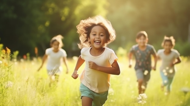 Grupo diversificado de crianças multiétnicas alegres e divertidas brincando ao ar livre