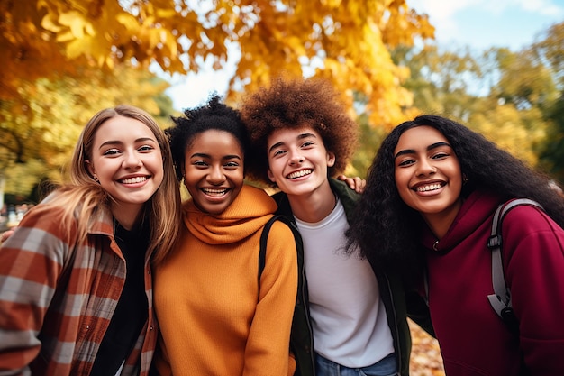 Grupo diversificado de jovens estudantes juntos no parque de outono Comunidade juvenil e conceito de amizade