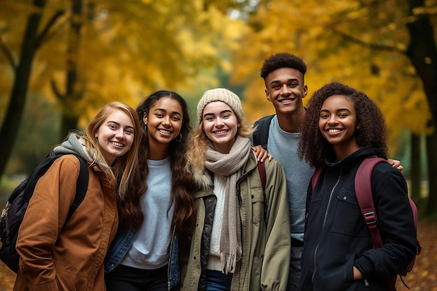 Grupo diversificado de jovens estudantes juntos no parque de outono Comunidade juvenil e conceito de amizade