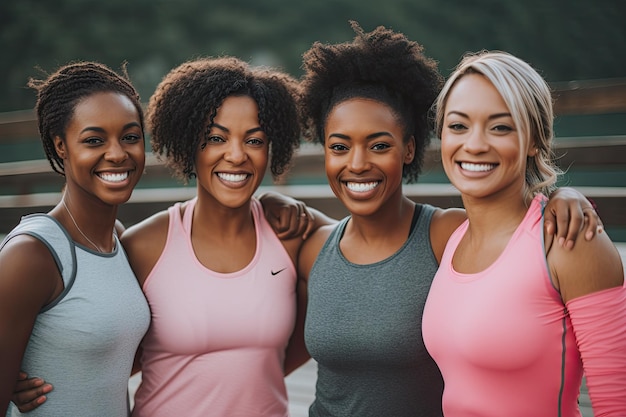 Foto grupo diversificado de mulheres de 40 anos treinando juntas no retrato da rua sorrindo para a câmeravida saudável