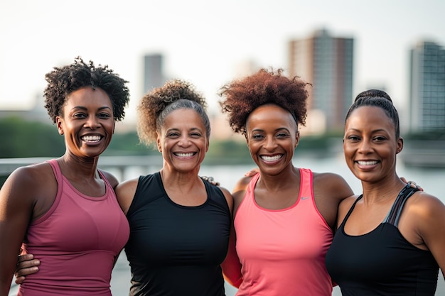 Grupo diversificado de mulheres de 40 anos treinando juntas no retrato da rua sorrindo para a câmeraVida saudável