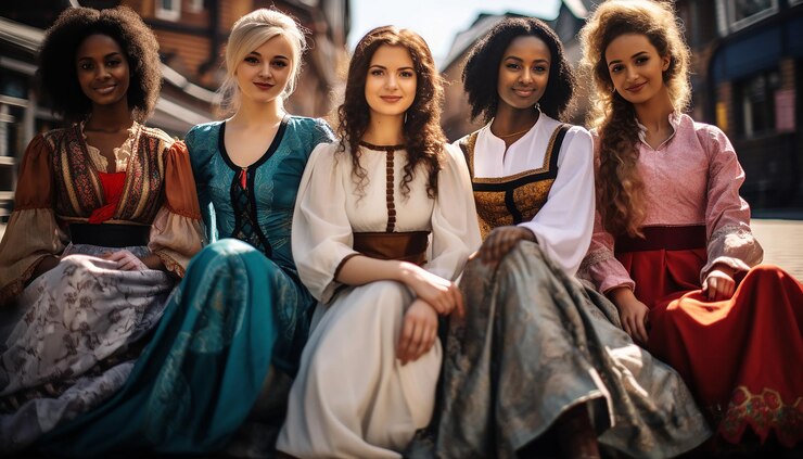 Foto grupo diversificado de mulheres vestindo vestidos tradicionais de todo o mundo reunidas em um c histórico