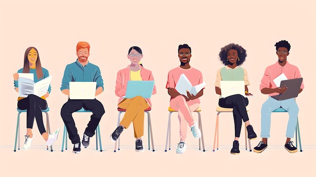 Grupo diversificado de personagens de desenhos animados sentados com laptops Estilo de vida digital moderno Ocupação casual de negócios ou educacional AI