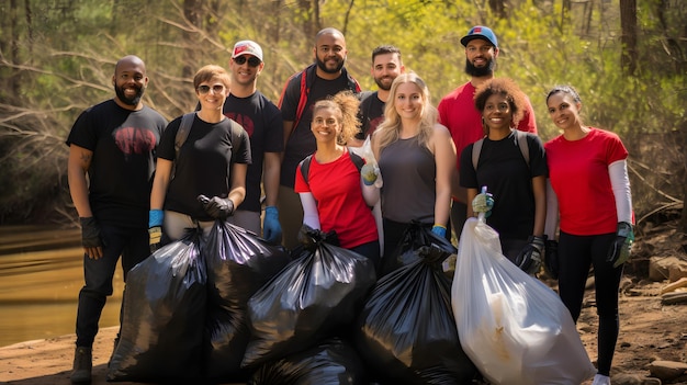 Grupo diversificado de voluntários para limpeza ambiental coletando lixo