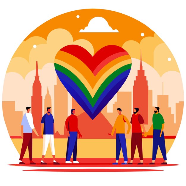 grupo diversificado indivíduos coração arco-íris bandeira LGBTQ simbolizando solidariedade amor