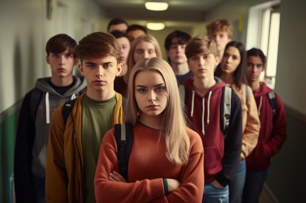 Un grupo diverso de adolescentes y adultos jóvenes charlando mientras están de pie en un pasillo compañeros de clase adolescentes de pie en el pasillo de la escuela secundaria AI generado