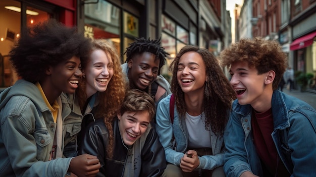 Un grupo diverso de adolescentes disfrutando de la compañía del otro y mostrando que la amistad trasciende el cul