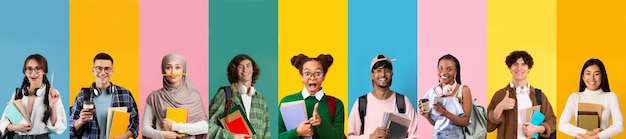 Un grupo diverso de adolescentes posando en un collage de fondos coloridos