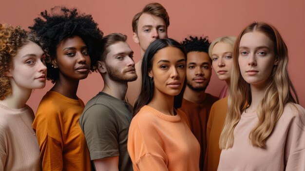 Grupo diverso de adultos jóvenes con ropa casual mirando hacia adelante retrato de estudio concepto de unidad y comunidad