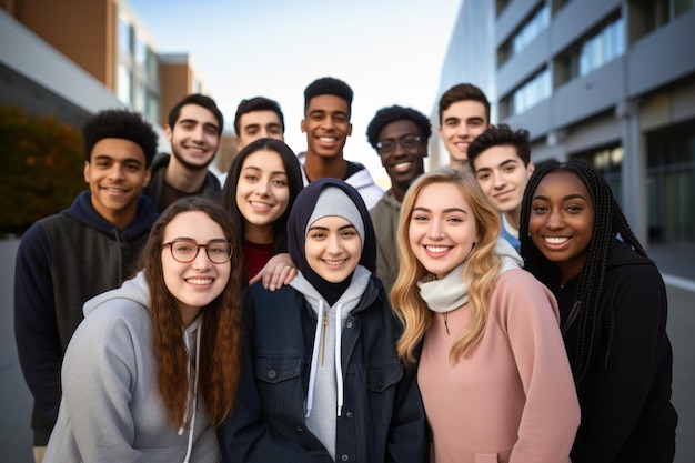 Un grupo diverso de adultos jóvenes sonrientes de pie al aire libre con un edificio moderno en el fondo que muestra la amistad y la unidad multicultural