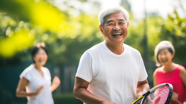 un grupo diverso de adultos mayores sonrientes que participan en diversas actividades recreativas como caminar