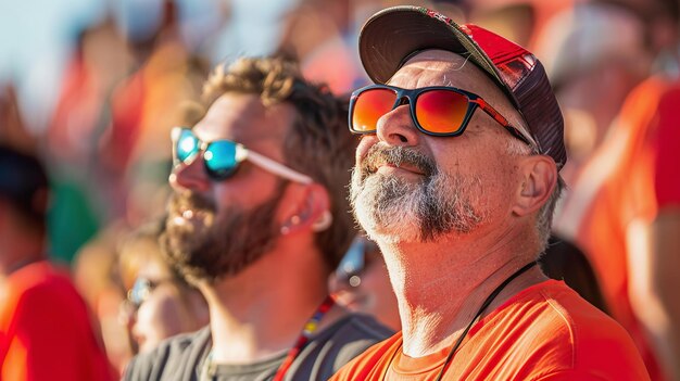 Un grupo diverso de aficionados de mediana edad disfrutando de un evento deportivo