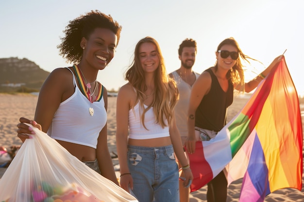 Grupo diverso de amigos con bandera LGBTQ en la playa