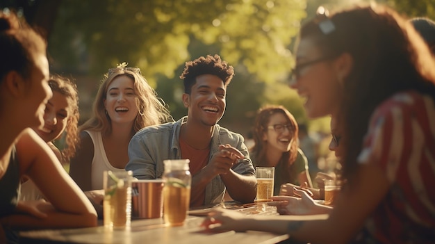 Un grupo diverso de amigos beben en un picnic en el parque en un caluroso día de verano