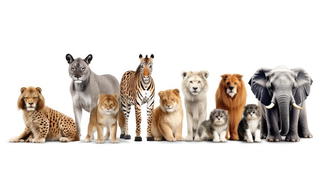 Foto un grupo diverso de animales salvajes en un fondo blanco