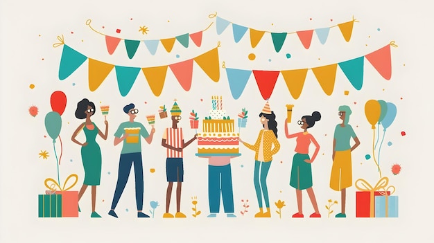 Grupo diverso celebra fiesta de cumpleaños global con pastel y regalos bajo colorido