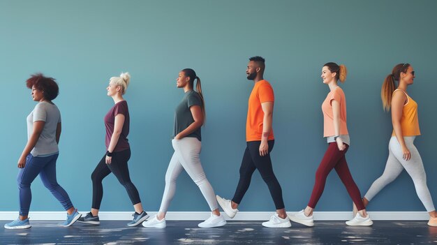 Un grupo diverso de cinco personas caminando en una línea contra un fondo azul todos llevan ropa casual y zapatillas de deporte