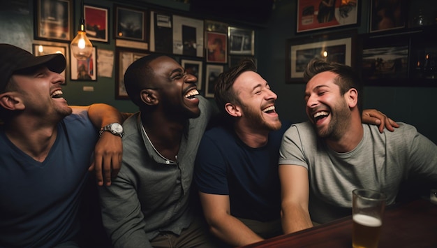 Un grupo diverso de cuatro amigos hombres riendo juntos en un bar.