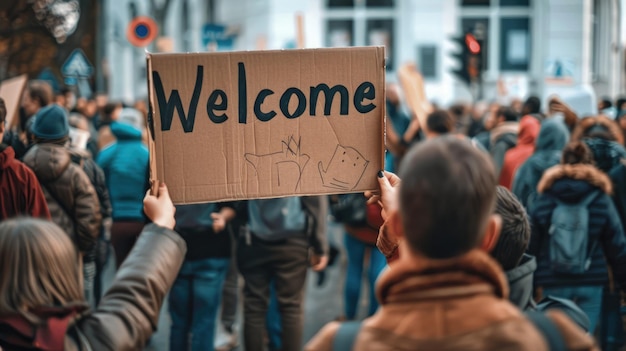 Foto un grupo diverso da la bienvenida a los refugiados con un cartel en varios idiomas que simboliza la unidad y el apoyo al día mundial de los refugiados