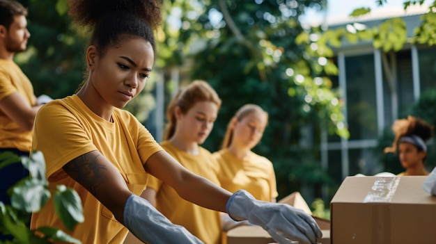 Un grupo diverso y dedicado de personas que se reúnen para promover el servicio comunitario y el altruismo a medida que se involucran en un trabajo voluntario significativo y hacen una diferencia positiva