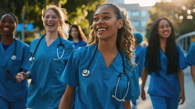 Un grupo diverso de enfermeras estudiantes sonrientes que llevan trajes azules caminan juntas fuera de una escuela de medicina en el campus de un hospital universitario