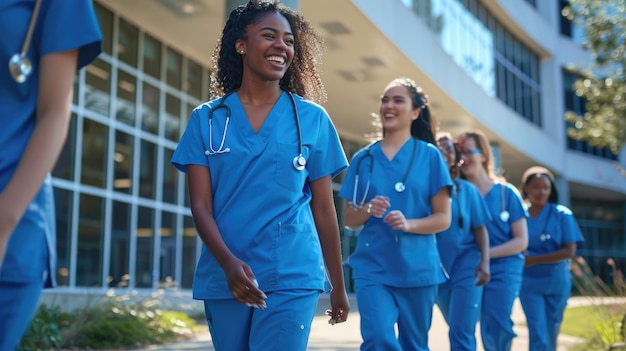 Un grupo diverso de enfermeras estudiantes sonrientes que llevan trajes azules caminan juntas fuera de una escuela de medicina en el campus de un hospital universitario