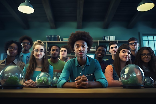 Grupo diverso de estudiantes en un aula.