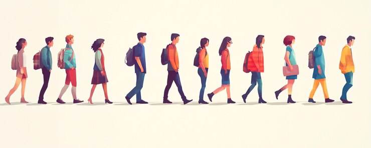 Un grupo diverso de estudiantes caminando juntos en fila.