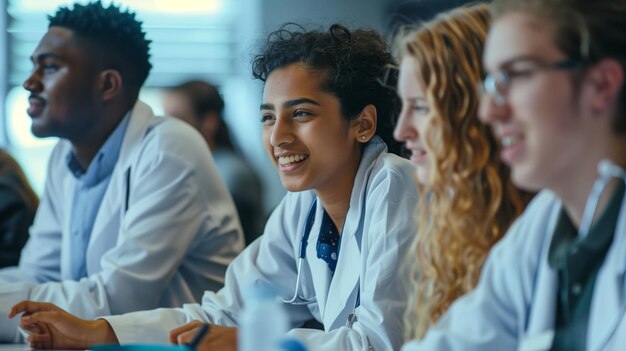 Un grupo diverso de estudiantes de medicina con abrigos de laboratorio asistiendo a una conferencia mirando enfocados y comprometidos