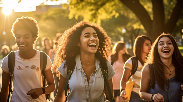 Un grupo diverso de estudiantes riendo y caminando juntos a través de un campus soleado destacando la diversidad y la amistad de regreso a la escuela