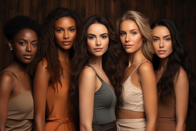 Un grupo diverso de hermosas chicas adolescentes de diferentes razas con belleza natural y piel suave y brillante