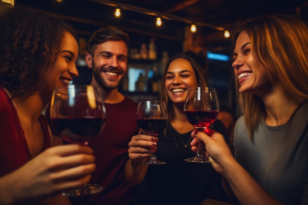 Un grupo diverso de individuos disfrutando de la compañía de los demás mientras sostienen copas de vino Grupo de jóvenes adultos mejores amigos divirtiéndose brindando con copas de viño rojo Generado por IA