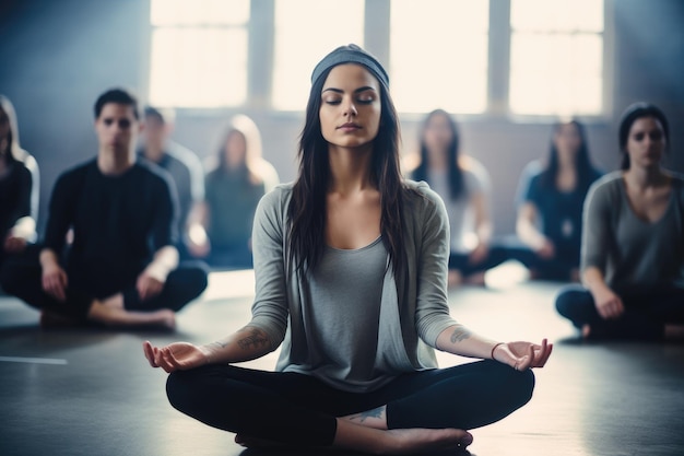 Un grupo diverso de individuos sentados en una habitación mientras practican yoga juntos Una sesión de meditación tranquila en una clase de bienestar de la escuela secundaria Generada por IA