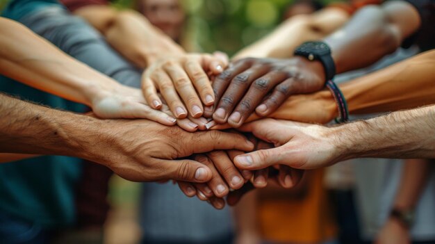 Un grupo diverso de jóvenes agrupando las manos al aire libre