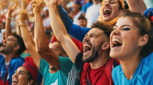 Un grupo diverso de jóvenes amigos animando y celebrando juntos en un estadio deportivo