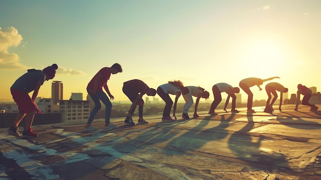 Foto un grupo diverso de jóvenes amigos bailando en un techo al atardecer