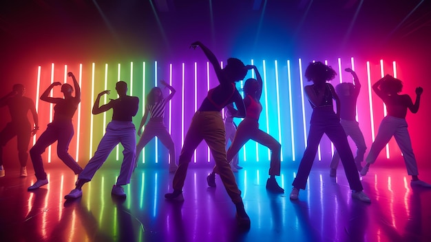 Un grupo diverso de jóvenes bailarines realizan una rutina de baile sincronizado en un estudio colorido iluminado con neón