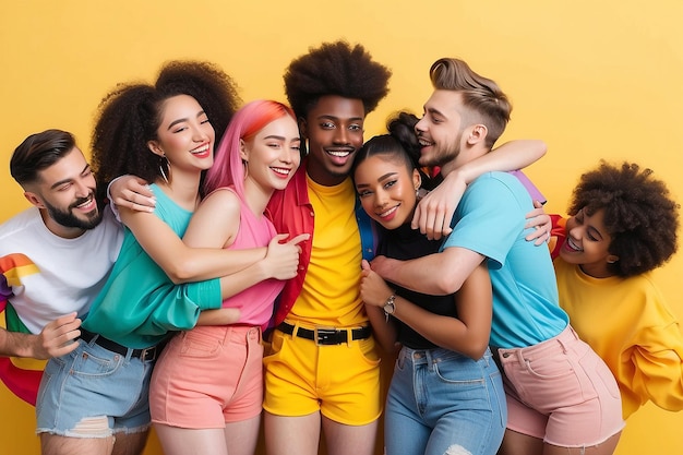 Foto un grupo diverso de jóvenes celebra el día del festival del orgullo gay de la comunidad lgbti