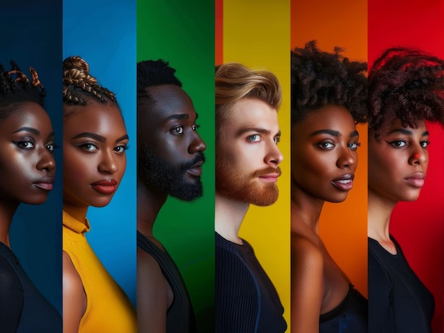 Un grupo diverso de jóvenes frente a un retrato de estudio de fondo multicolor y vibrante