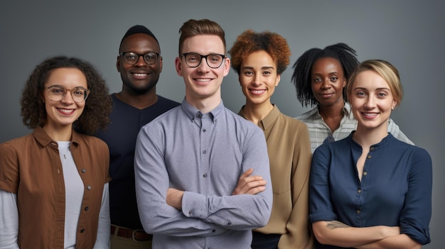 Un grupo diverso de jóvenes profesionales sonrientes de pie juntos