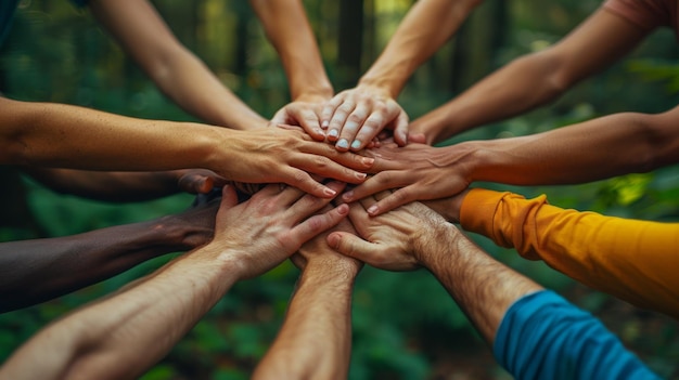 Un grupo diverso de manos unidas en unidad y trabajo en equipo