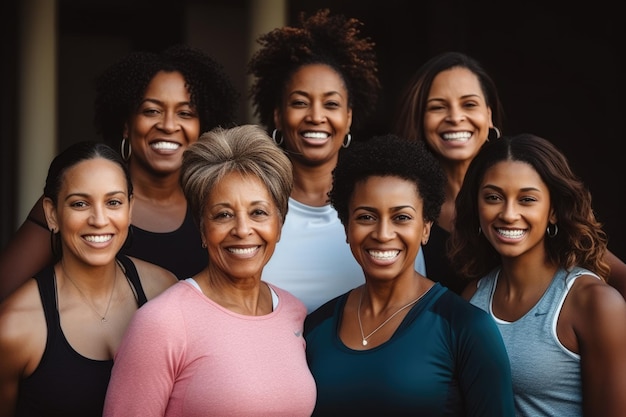 Grupo diverso de mujeres de 40 años entrenando juntas en el retrato de la calle sonriendo a la cámara Vida saludable