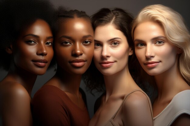 Un grupo diverso de mujeres hermosas con belleza natural y piel brillante y suave generada por IA