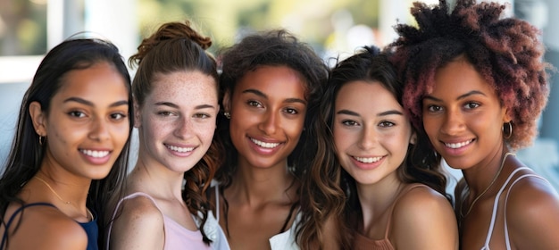 Un grupo diverso de mujeres jóvenes sonriendo juntas.