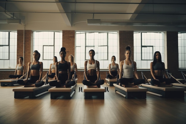 Un grupo diverso de mujeres participan en una sesión de yoga en una gran sala abierta. Mujeres que asisten a una clase de Pilates por primera vez. Generada por IA.