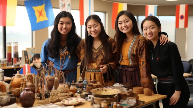 Un grupo diverso de mujeres de pie juntas frente a una mesa