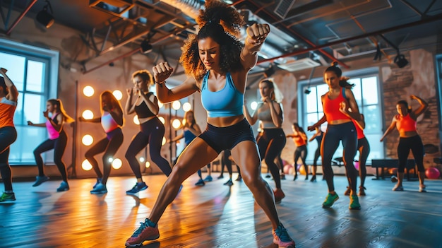 Un grupo diverso de mujeres con ropa deportiva haciendo una clase de fitness grupal en el gimnasio todas están sonriendo y divirtiéndose